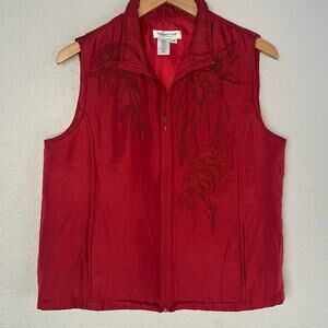 Coldwater Creek Red Silk Puffer Vest Full Zip Embroidered Winter Valentines
